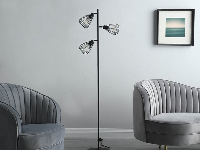 66" Black Metal Three Light Tree Floor Lamp With Black Metal Cage Shade