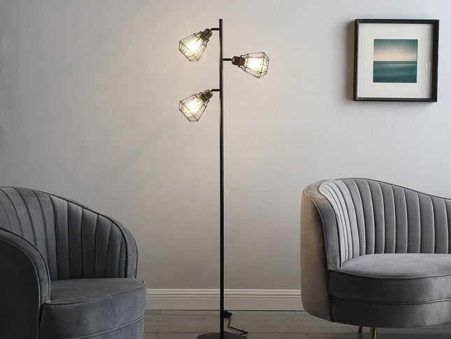 66" Black Metal Three Light Tree Floor Lamp With Black Metal Cage Shade