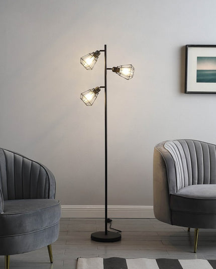 66" Black Metal Three Light Tree Floor Lamp With Black Metal Cage Shade