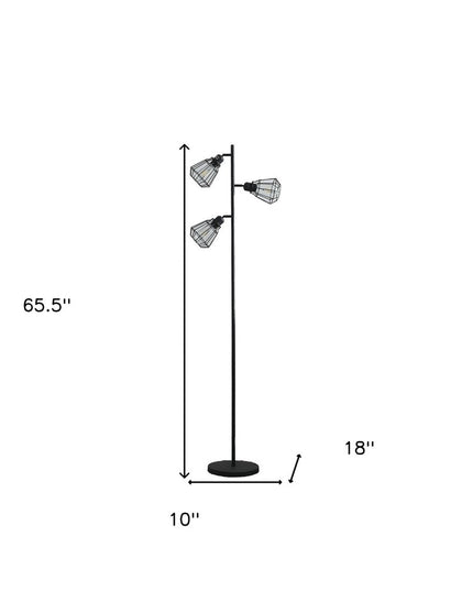 66" Black Metal Three Light Tree Floor Lamp With Black Metal Cage Shade