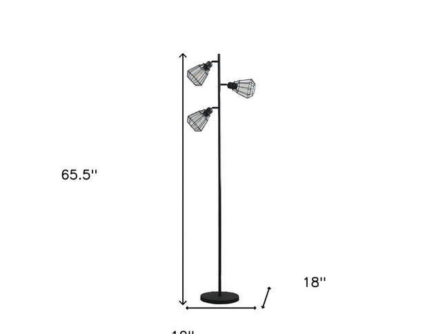 66" Black Metal Three Light Tree Floor Lamp With Black Metal Cage Shade