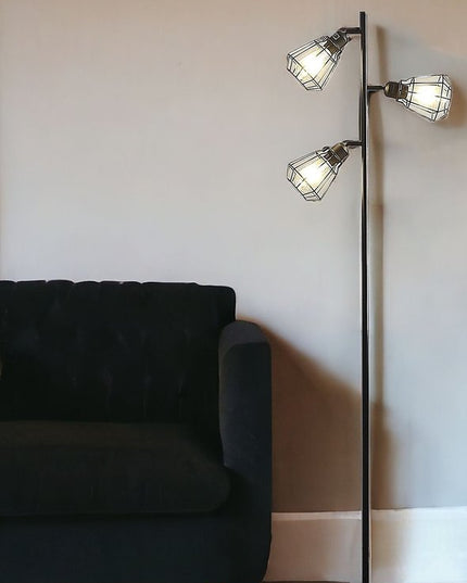 66" Black Metal Three Light Tree Floor Lamp With Black Metal Cage Shade