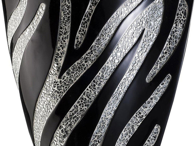 14" Black And Silver Striped Wavy Polyresin Table Vase