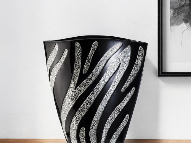 14" Black And Silver Striped Wavy Polyresin Table Vase