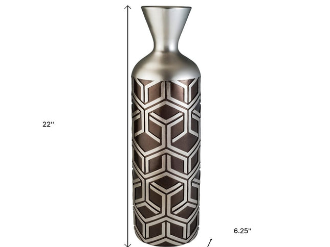 22" Brown and Silver Geometric Cylinder Polyresin Floor Vase