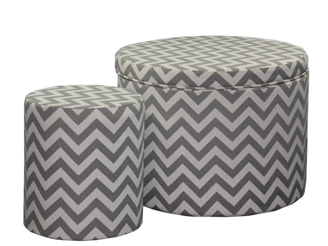 Set of Two Gray and White Polyester Blend Round Geometric Footstool Ottoman