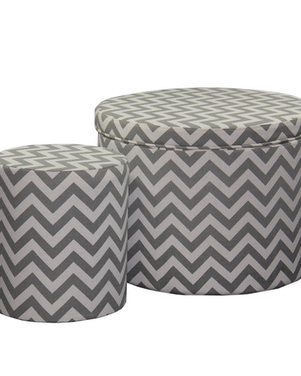 Set of Two Gray and White Polyester Blend Round Geometric Footstool Ottoman