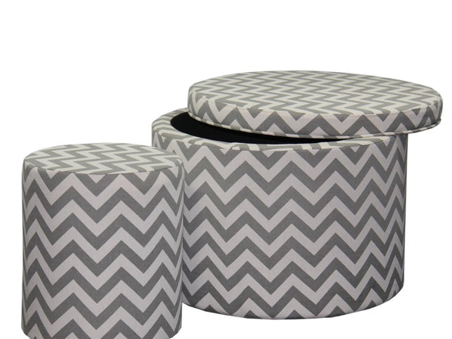 Set of Two Gray and White Polyester Blend Round Geometric Footstool Ottoman