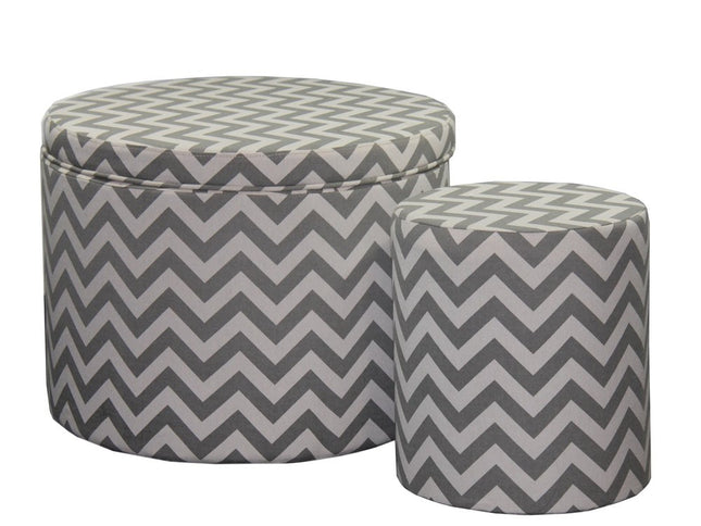Set of Two Gray and White Polyester Blend Round Geometric Footstool Ottoman