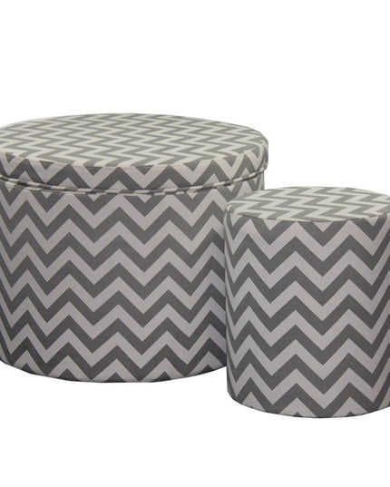 Set of Two Gray and White Polyester Blend Round Geometric Footstool Ottoman