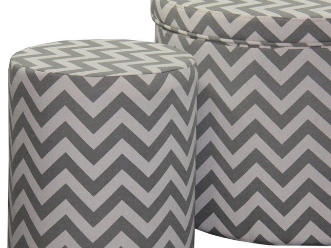 Set of Two Gray and White Polyester Blend Round Geometric Footstool Ottoman