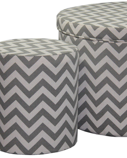 Set of Two Gray and White Polyester Blend Round Geometric Footstool Ottoman