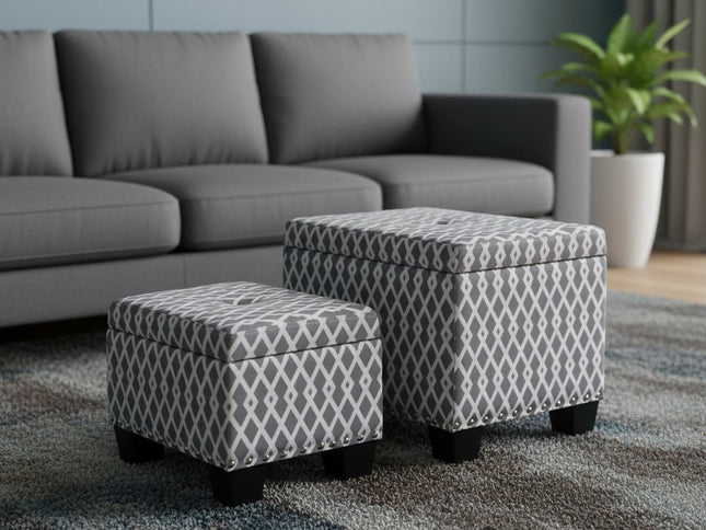 17" Gray White Black Gray and White Fabric Tufted Storage Ottoman