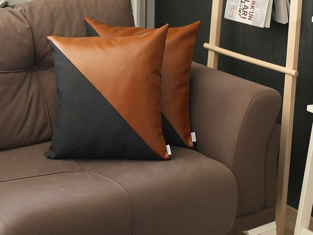 Set of Two 18" Brown And Black Faux Leather And Fabric Throw Pillows