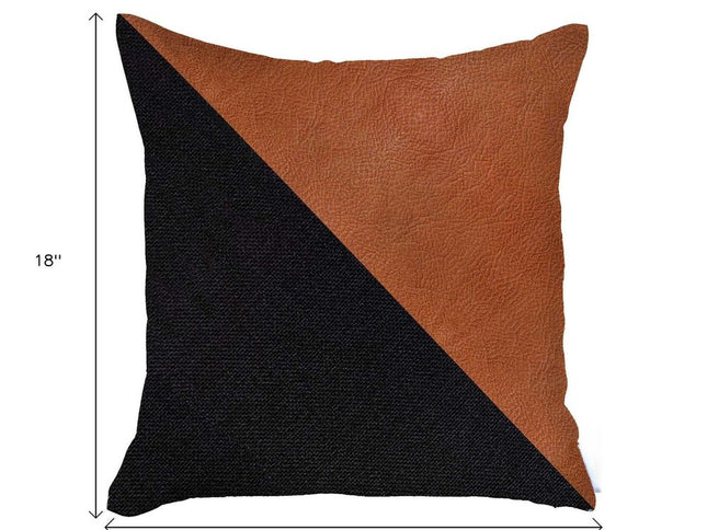 Set of Two 18" Brown And Black Faux Leather And Fabric Throw Pillows