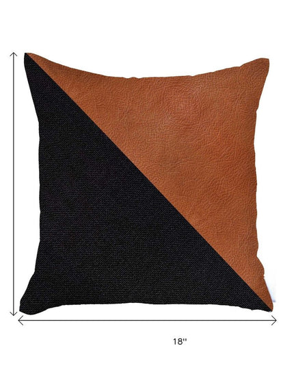 Set of Two 18" Brown And Black Faux Leather And Fabric Throw Pillows