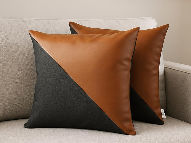 Set of Two 18" Brown And Black Faux Leather And Fabric Throw Pillows