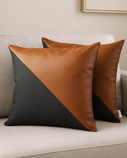 Set of Two 18" Brown And Black Faux Leather And Fabric Throw Pillows