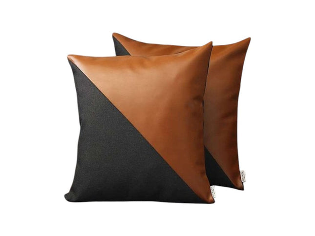 Set of Two 18" Brown And Black Faux Leather And Fabric Throw Pillows