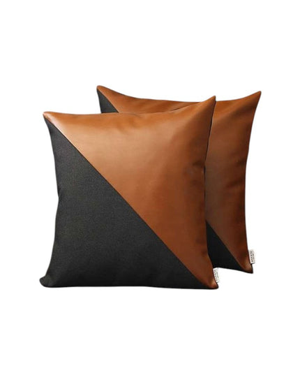 Set of Two 18" Brown And Black Faux Leather And Fabric Throw Pillows