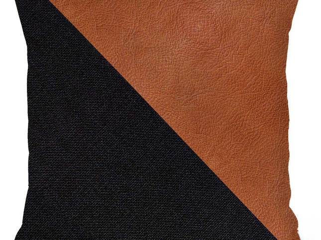 Set of Two 18" Brown And Black Faux Leather And Fabric Throw Pillows