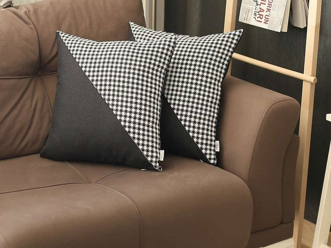 Set Of Two 18" X 18" Black And White Houndstooth Zippered Handmade Polyester Throw Pillow