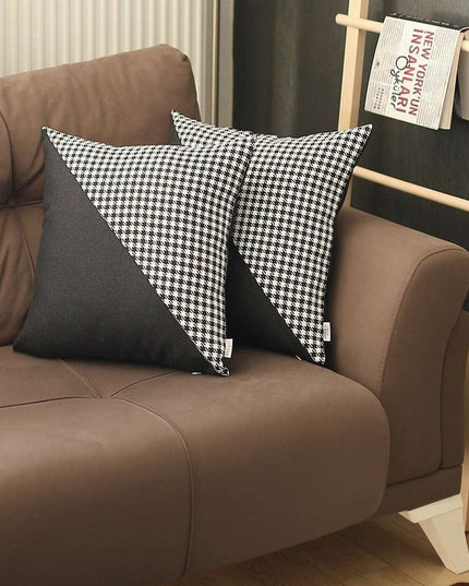 Set Of Two 18" X 18" Black And White Houndstooth Zippered Handmade Polyester Throw Pillow