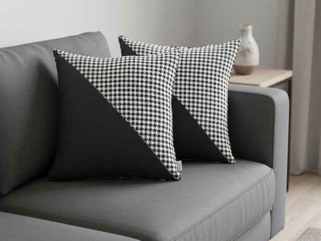 Set Of Two 18" X 18" Black And White Houndstooth Zippered Handmade Polyester Throw Pillow
