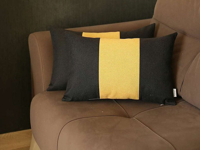 Set Of Two 20" X 12" Black And Yellow Geometric Zippered Handmade Polyester Lumbar Pillow