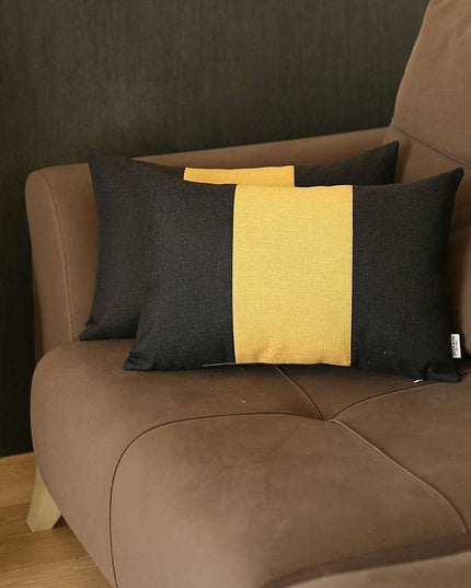 Set Of Two 20" X 12" Black And Yellow Geometric Zippered Handmade Polyester Lumbar Pillow