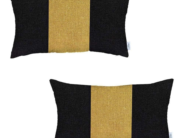 Set Of Two 20" X 12" Black And Yellow Geometric Zippered Handmade Polyester Lumbar Pillow