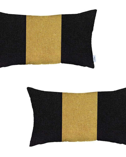 Set Of Two 20" X 12" Black And Yellow Geometric Zippered Handmade Polyester Lumbar Pillow