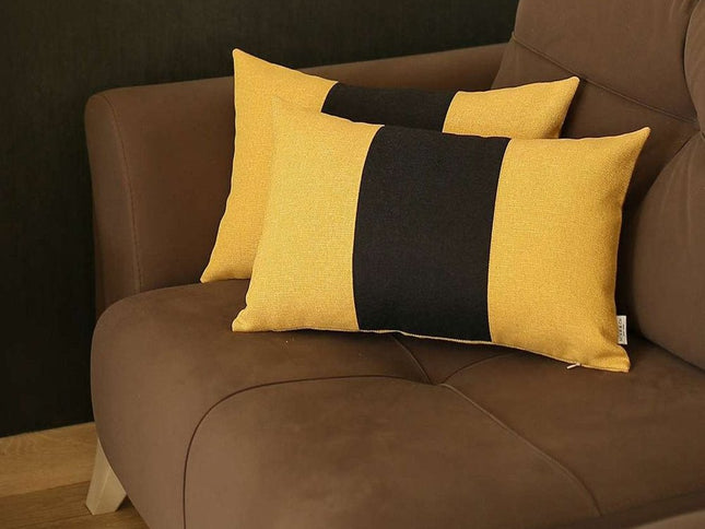 Set Of Two 20" X 12" Black And Yellow Geometric Zippered Handmade Polyester Lumbar Pillow
