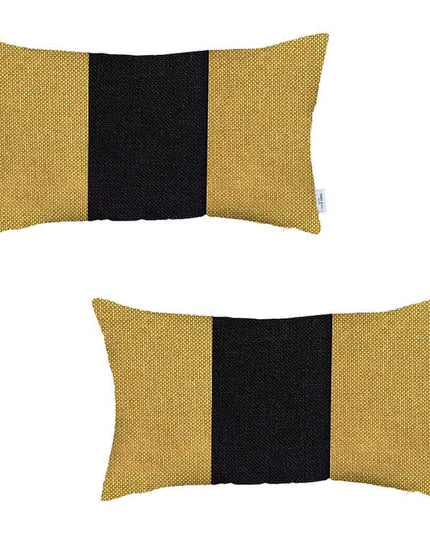 Set Of Two 20" X 12" Black And Yellow Geometric Zippered Handmade Polyester Lumbar Pillow