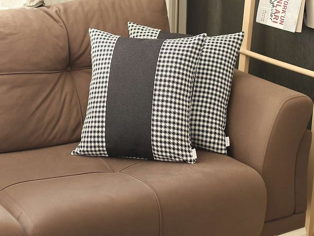 Set Of Two 18" X 18" White And Black Houndstooth Zippered Handmade Polyester Throw Pillow