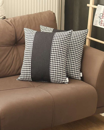 Set Of Two 18" X 18" White And Black Houndstooth Zippered Handmade Polyester Throw Pillow