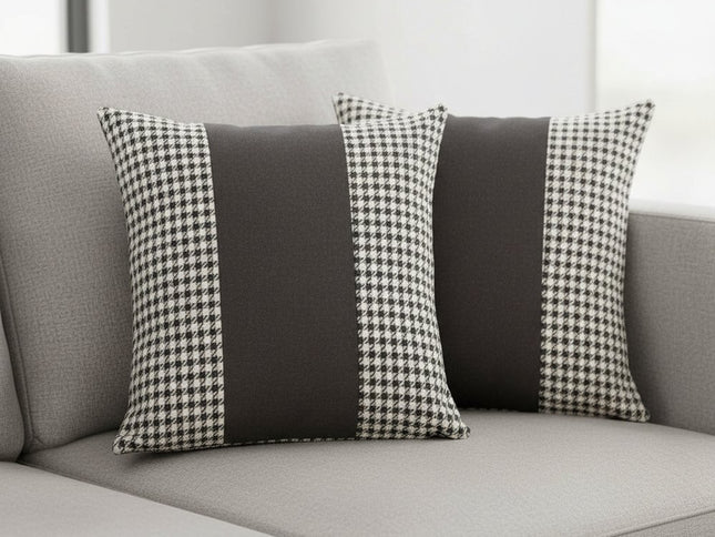 Set Of Two 18" X 18" White And Black Houndstooth Zippered Handmade Polyester Throw Pillow