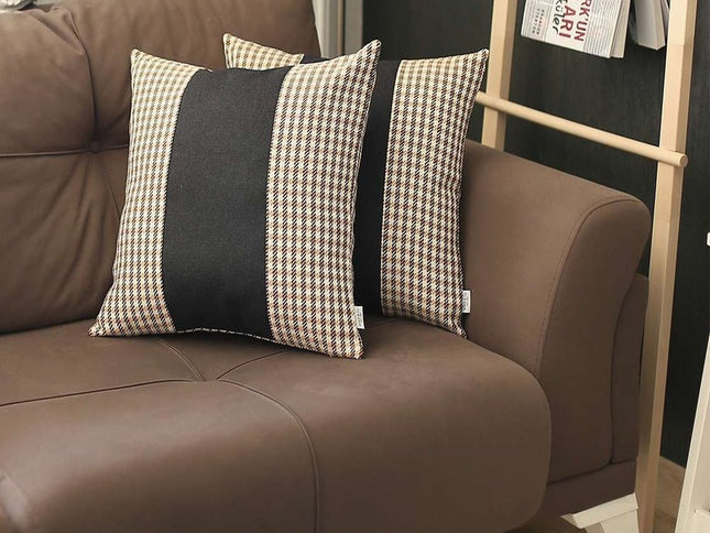 Set Of Two 18" X 18" Brown And Black Houndstooth Zippered Handmade Polyester Throw Pillow