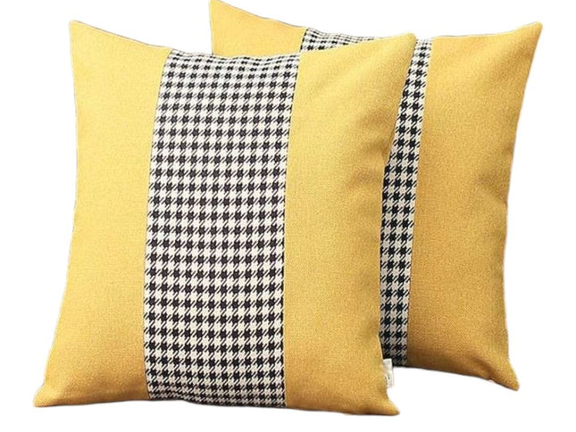 Set of Two 18" Yellow Black and White Houndstooth Fabric Throw Pillows