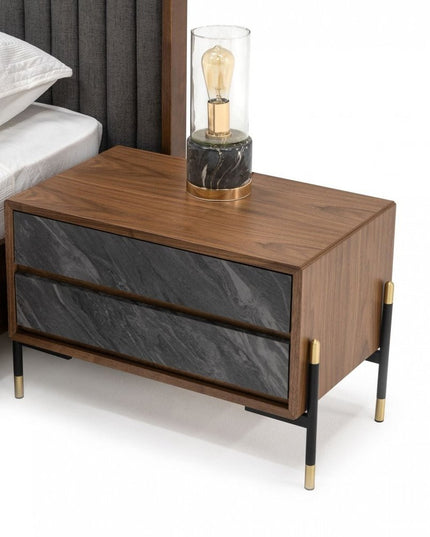Mid Century Walnut and Gray Faux Marble Two Drawer Nightstand