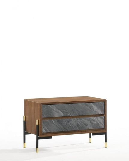Mid Century Walnut and Gray Faux Marble Two Drawer Nightstand
