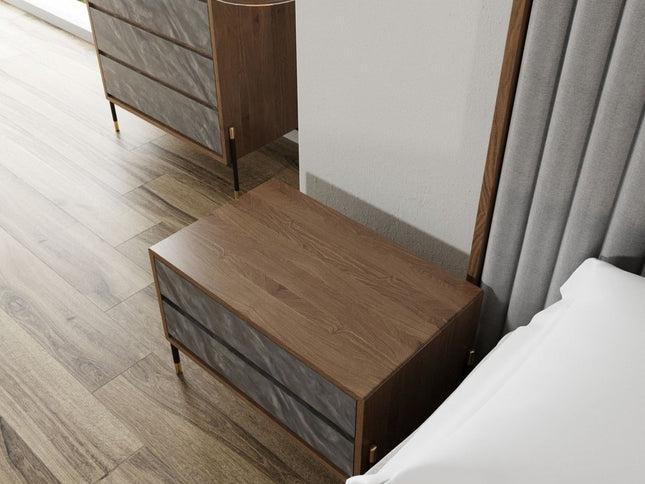 Mid Century Walnut and Gray Faux Marble Two Drawer Nightstand