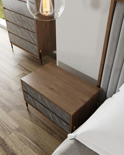 Mid Century Walnut and Gray Faux Marble Two Drawer Nightstand