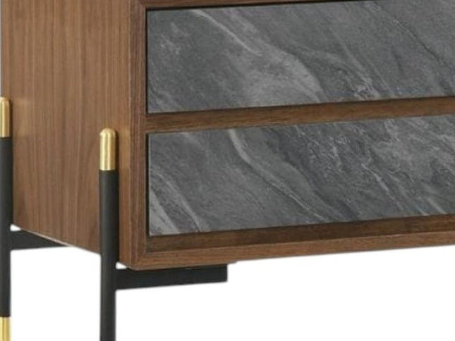 Mid Century Walnut and Gray Faux Marble Two Drawer Nightstand