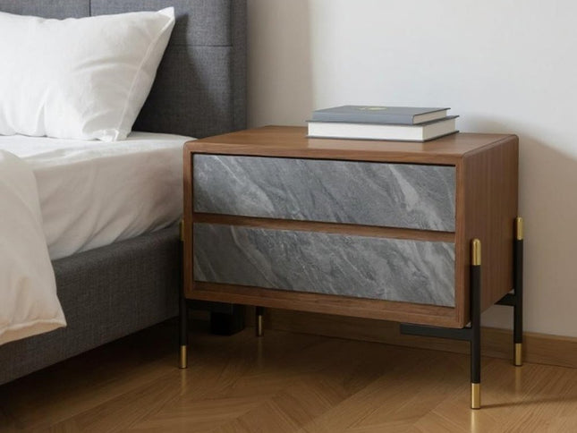 Mid Century Walnut and Gray Faux Marble Two Drawer Nightstand