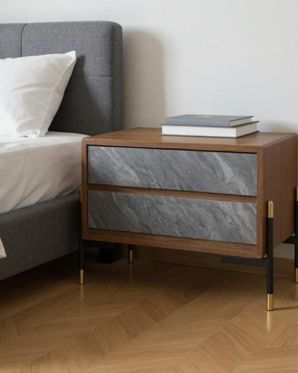 Mid Century Walnut and Gray Faux Marble Two Drawer Nightstand