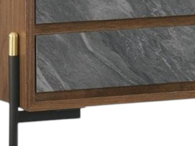 Mid Century Walnut and Gray Faux Marble Two Drawer Nightstand