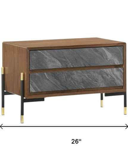 Mid Century Walnut and Gray Faux Marble Two Drawer Nightstand