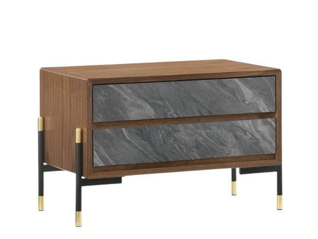Mid Century Walnut and Gray Faux Marble Two Drawer Nightstand