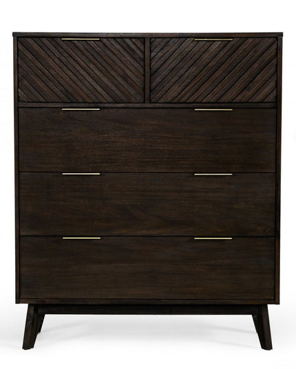 39" Dark Acacia Solid Wood Five Drawer Dresser